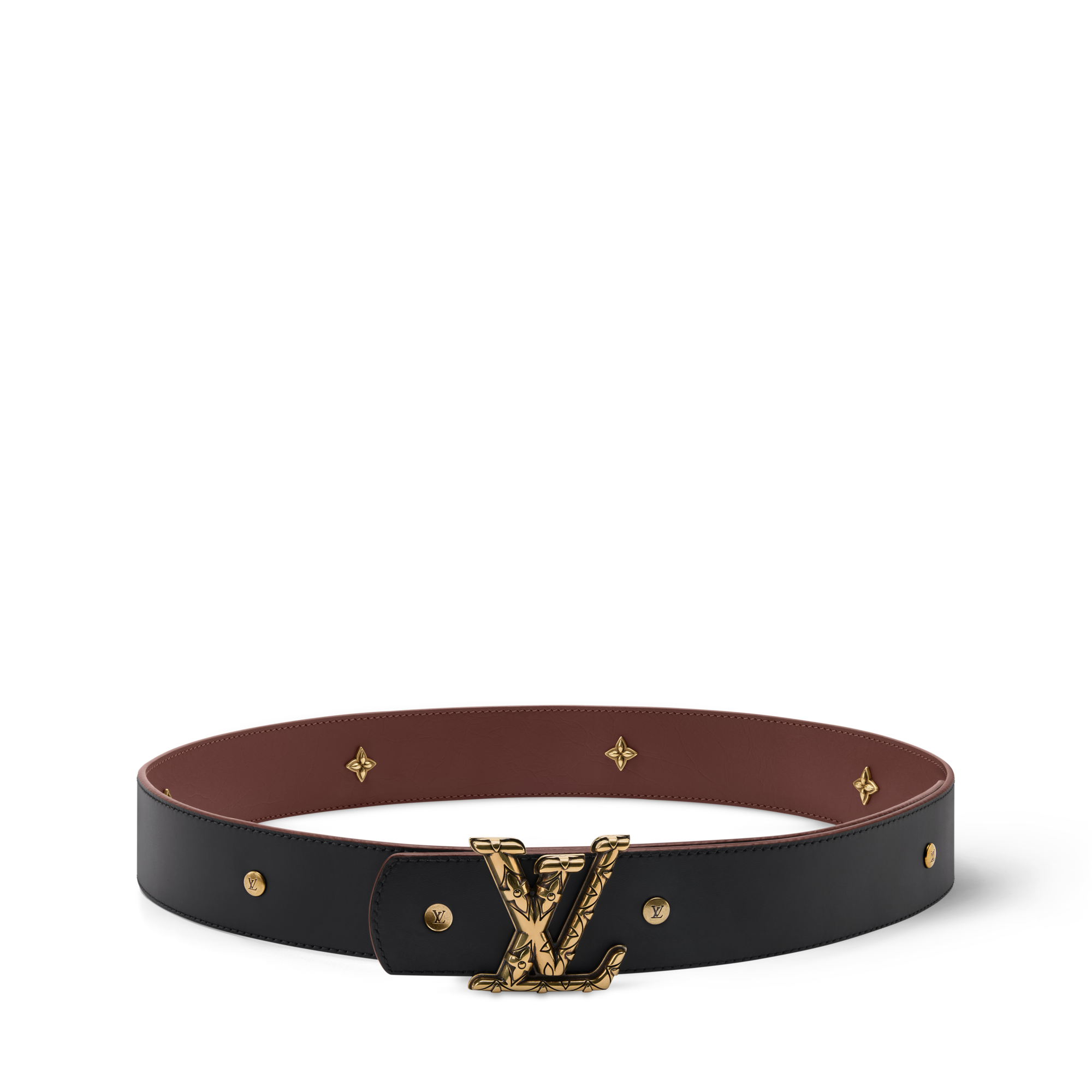 LOUIS VUITTON レザーベルト スタッズ LV ブラック ゴールド LV Dimension Drift Flower Studs 40mm Reversible Belt - Accessories